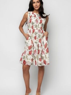 Baltic Born White Floral Smocked Mini Dress with Coral Print